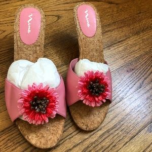 Nina Pink Flower Sandals, Size 8, open back